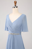 A-Line Chiffon Dusty Blue Long brudepike kjole med Beaded Waist