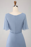 A-Line Chiffon Dusty Blue Long brudepike kjole med Beaded Waist