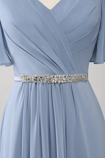 A-Line Chiffon Dusty Blue Long brudepike kjole med Beaded Waist