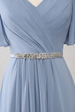 A-Line Chiffon Dusty Blue Long brudepike kjole med Beaded Waist