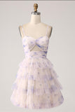 Lavendel Flower A Line Spaghetti stropper Tiered plissert Kort Homecoming Dress