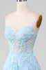 Load image into Gallery viewer, En linje lyseblå paljett spaghetti stropper prom kjole med appliques
