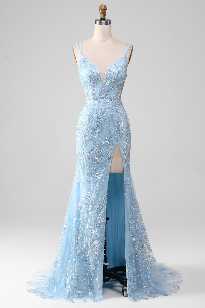 Load image into Gallery viewer, Blå tyll havfrue Prom kjole med Beaded