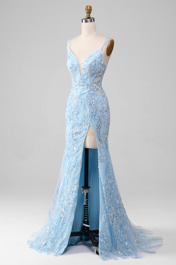 Blå tyll havfrue Prom kjole med Beaded
