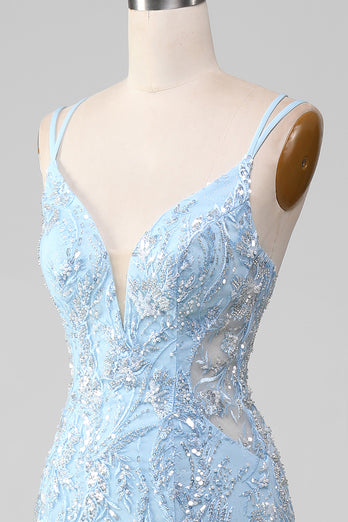 Blå tyll havfrue Prom kjole med Beaded