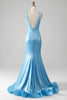 Load image into Gallery viewer, Glitter Blå V-hals Mermaid Prom kjole