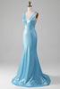 Load image into Gallery viewer, Glitter Blå V-hals Mermaid Prom kjole