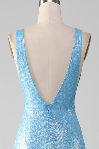 Glitter Blå V-hals Mermaid Prom kjole