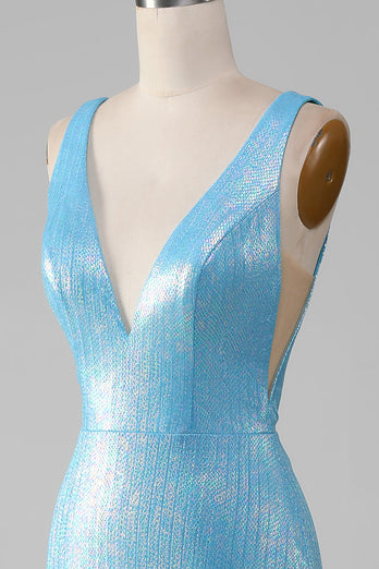 Glitter Blå V-hals Mermaid Prom kjole