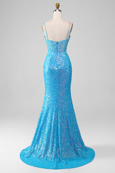 Spaghetti stropper blå glitrende korsett Prom kjole med Slit