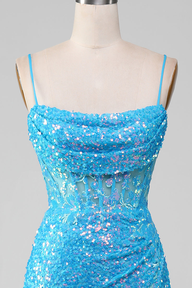 Load image into Gallery viewer, Spaghetti stropper blå glitrende korsett Prom kjole med Slit