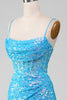 Load image into Gallery viewer, Spaghetti stropper blå glitrende korsett Prom kjole med Slit