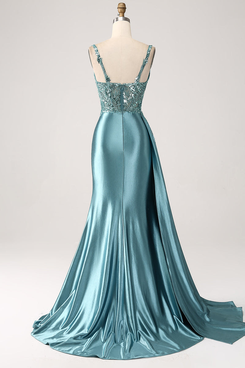 Load image into Gallery viewer, Blå havfrue V-hals sateng lang appliques paljett prom kjole med spalt