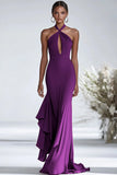 Halter Terrakotta Chiffon Ruffles Slire Rød Gala Kjole
