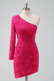 Glitrende Fuchsia One Shoulder Paljetter Stram Kort Homecoming Kjole Med Frynser