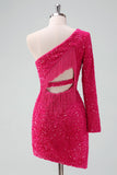 Glitrende Fuchsia One Shoulder Paljetter Stram Kort Homecoming Kjole Med Frynser