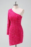 Glitrende Fuchsia One Shoulder Paljetter Stram Kort Homecoming Kjole Med Frynser