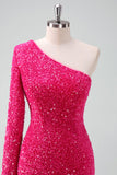 Glitrende Fuchsia One Shoulder Paljetter Stram Kort Homecoming Kjole Med Frynser