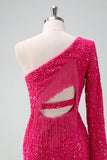 Glitrende Fuchsia One Shoulder Paljetter Stram Kort Homecoming Kjole Med Frynser