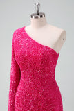 Glitrende Fuchsia One Shoulder Paljetter Stram Kort Homecoming Kjole Med Frynser