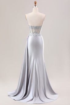 Silver Mermaid plissert ren lang korsett sateng ballkjole med spalt