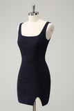 Sparkly Bodycon Square Neck Mini Dark Blue Homecoming kjole med spalt