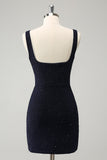 Sparkly Bodycon Square Neck Mini Dark Blue Homecoming kjole med spalt