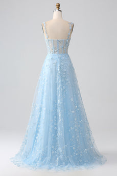 Sparkly Blå A Line Spaghetti stropper paljett korsett Prom kjole med spalt