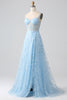 Load image into Gallery viewer, Sparkly Blå A Line Spaghetti stropper paljett korsett Prom kjole med spalt
