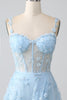Load image into Gallery viewer, Sparkly Blå A Line Spaghetti stropper paljett korsett Prom kjole med spalt