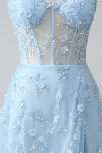 Sparkly Blå A Line Spaghetti stropper paljett korsett Prom kjole med spalt