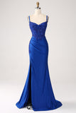 Glitter Royal Blue Mermaid Spaghetti stropper Long Prom Kjole med Appliques