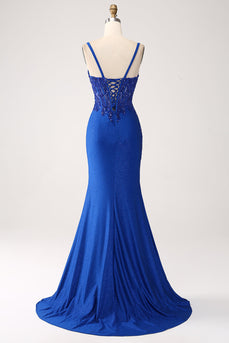 Glitter Royal Blue Mermaid Spaghetti stropper Long Prom Kjole med Appliques