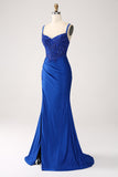 Glitter Royal Blue Mermaid Spaghetti stropper Long Prom Kjole med Appliques