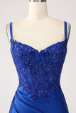 Glitter Royal Blue Mermaid Spaghetti stropper Long Prom Kjole med Appliques