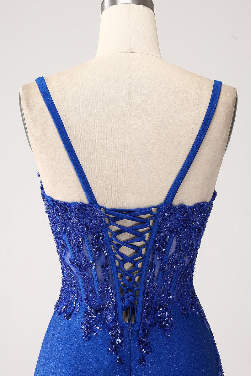 Load image into Gallery viewer, Glitter Royal Blue Mermaid Spaghetti stropper Long Prom Kjole med Appliques
