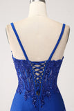 Glitter Royal Blue Mermaid Spaghetti stropper Long Prom Kjole med Appliques