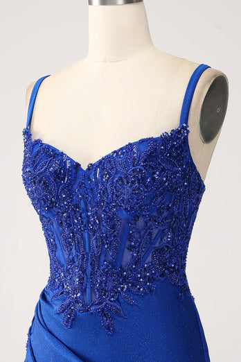 Glitter Royal Blue Mermaid Spaghetti stropper Long Prom Kjole med Appliques