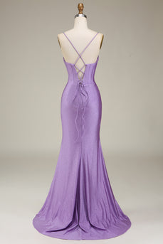 Satin Spaghetti stropper Lilac Prom kjole med korsett