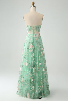 Grønn A Line Sweetheart stroppeløs trykt korsett Prom kjole med Slit