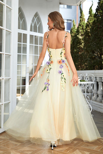 Champagne Spaghetti stropper Prom kjole med 3D blomster