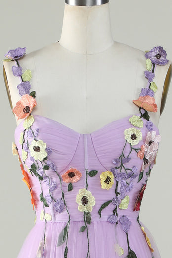 En linje lilla spaghetti stropper prom kjole med 3D-blomster