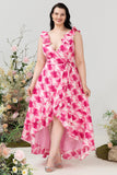 Plus Size High Low Pink Flower Trykt brudepike kjole med Ruffles