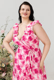 Plus Size High Low Pink Flower Trykt brudepike kjole med Ruffles