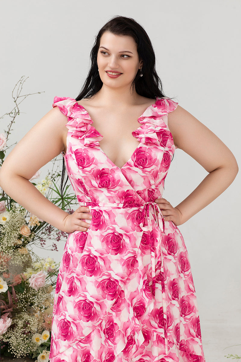 Load image into Gallery viewer, Plus Size High Low Pink Flower Trykt brudepike kjole med Ruffles