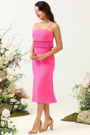 Spaghetti stropper Hot Pink brudepike kjole med frynser