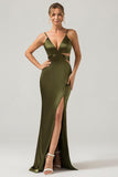 Olive Sheath Spaghetti stropper Cut Out Long brudepike kjole med Slit