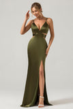 Olive Sheath Spaghetti stropper Cut Out Long brudepike kjole med Slit