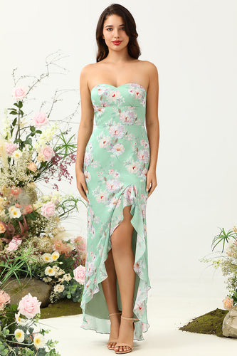 Slire Spaghetti stropper Lysegrønn Floral Trykt brudepike kjole med delt front
