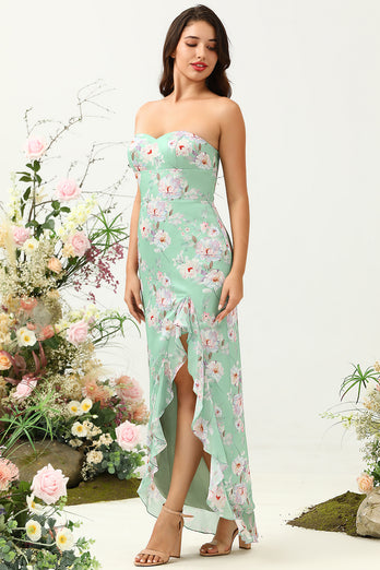 Slire Spaghetti stropper Lysegrønn Floral Trykt brudepike kjole med delt front